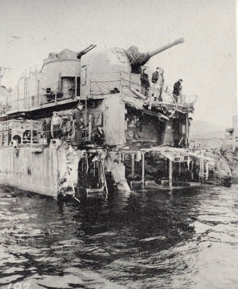 The USS Abner Read—sans stern section—as it arrived in Adak, Alaska in August 1943.